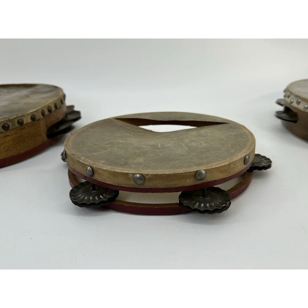 Vintage Rawhide Tambourine Lot Of 3 Calf Skin Head